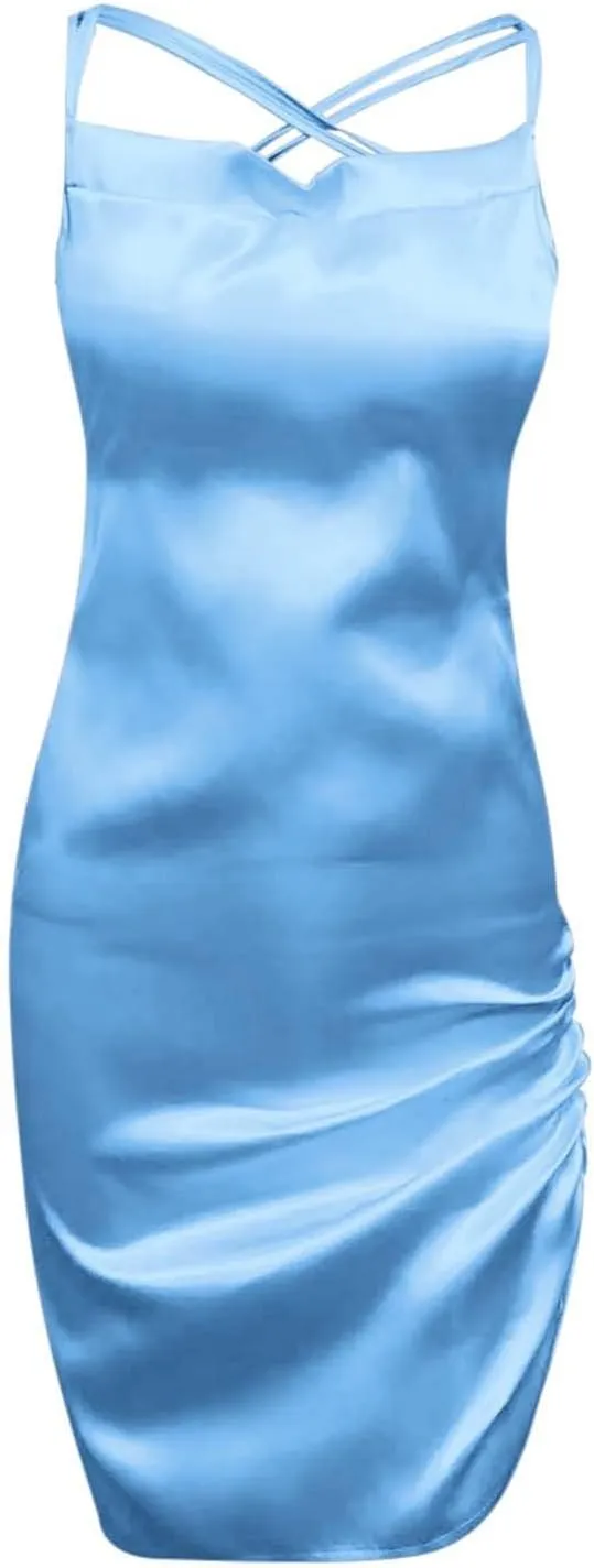 Dresses for Women Sexy Backless Ruched Bodycon Mini Dress Elegant Spaghetti Strap Cocktail Party Dress Girls Clubwear