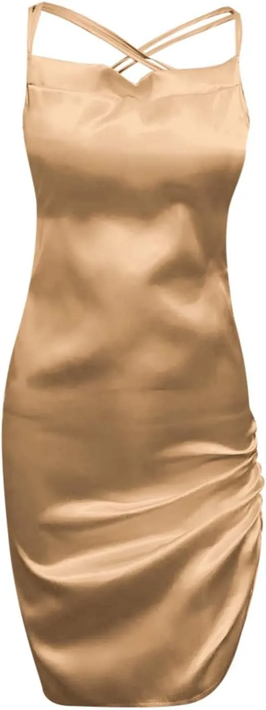 Dresses for Women Sexy Backless Ruched Bodycon Mini Dress Elegant Spaghetti Strap Cocktail Party Dress Girls Clubwear