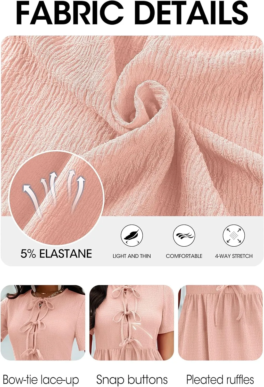FANDEE Summer Dress for Women Short Sleeve Self Bow Tie Front A Line Pleated Cute Mini Tunic Dresses M-3XL
