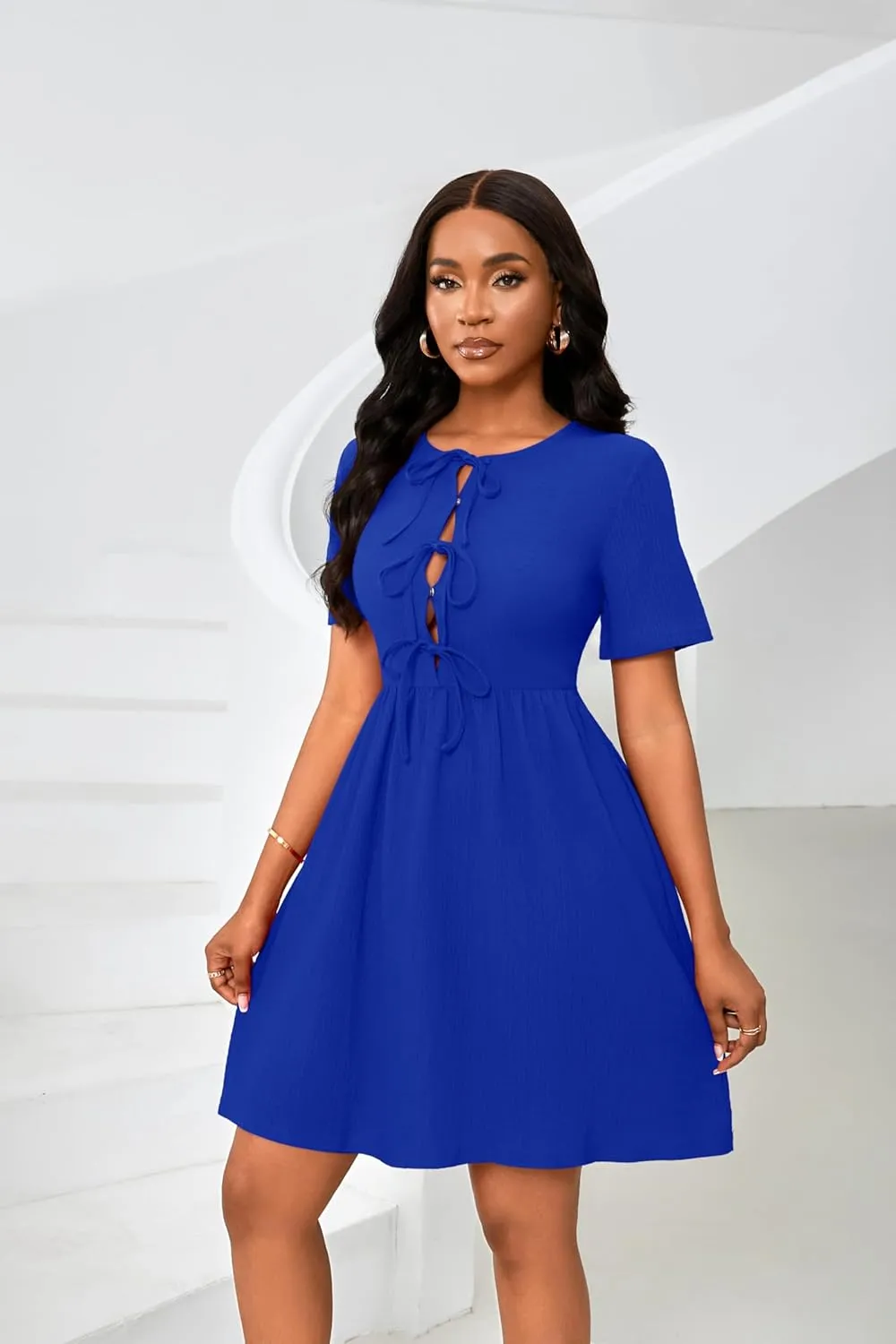 FANDEE Summer Dress for Women Short Sleeve Self Bow Tie Front A Line Pleated Cute Mini Tunic Dresses M-3XL