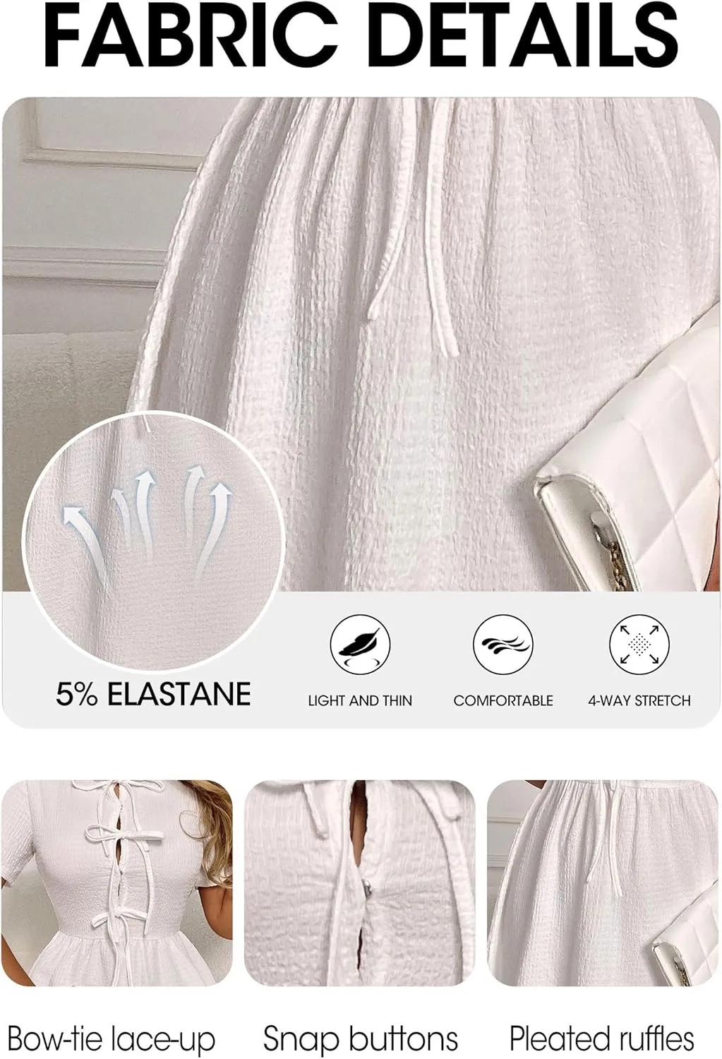 FANDEE Summer Dress for Women Short Sleeve Self Bow Tie Front A Line Pleated Cute Mini Tunic Dresses M-3XL