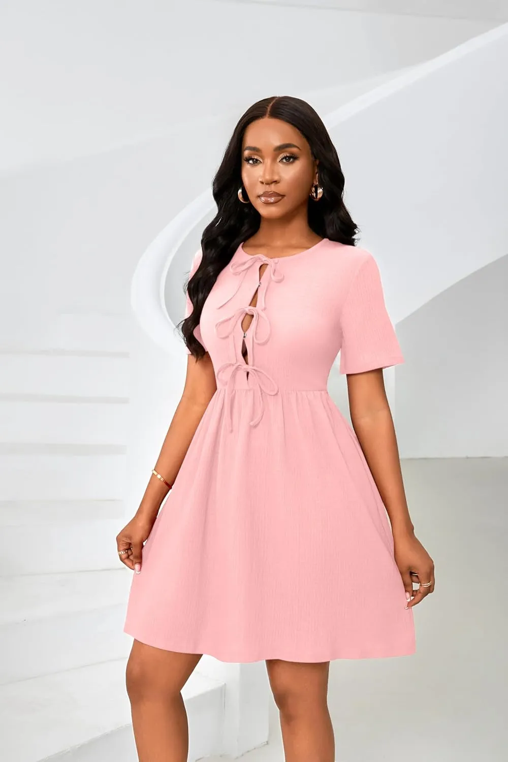 FANDEE Summer Dress for Women Short Sleeve Self Bow Tie Front A Line Pleated Cute Mini Tunic Dresses M-3XL