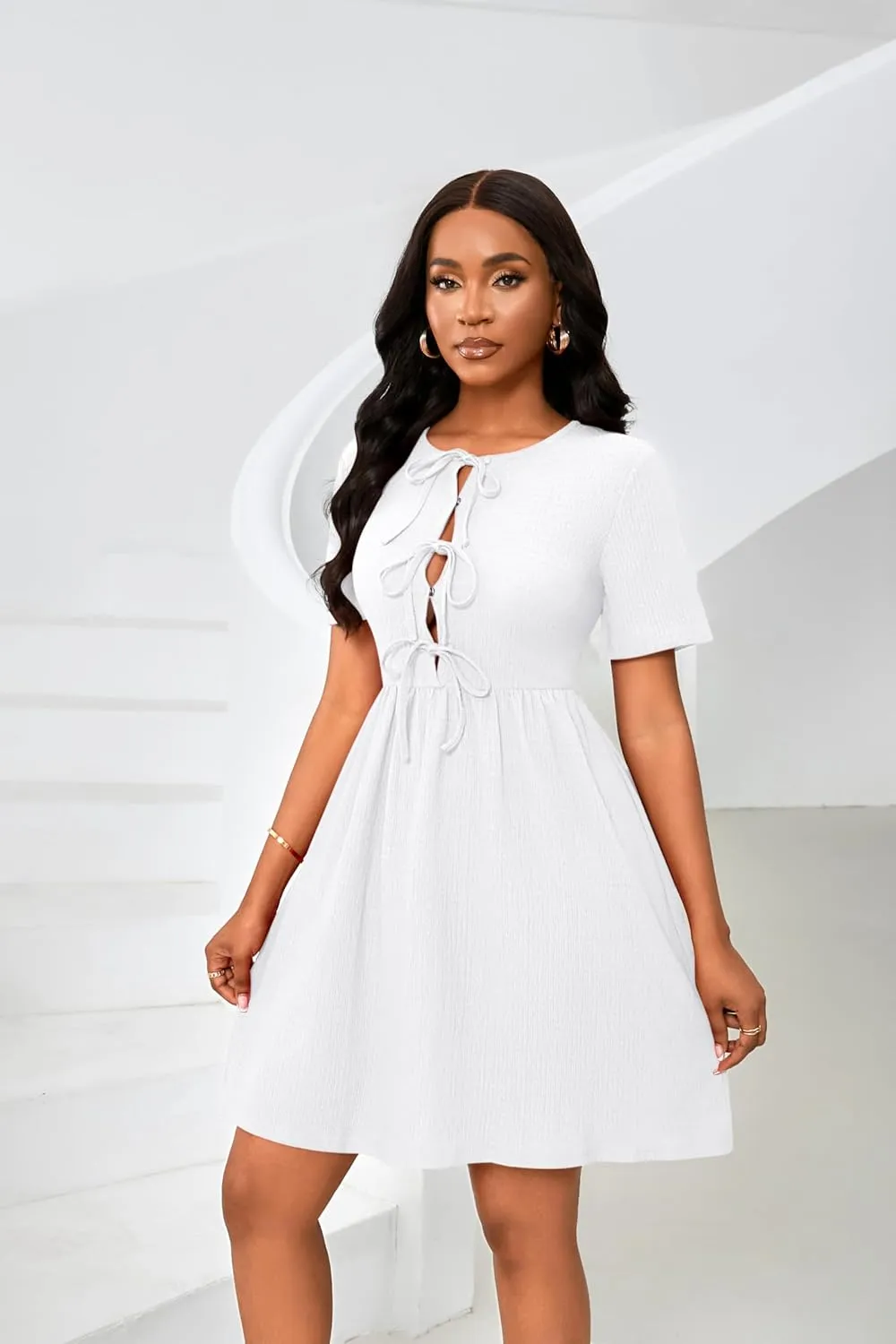 FANDEE Summer Dress for Women Short Sleeve Self Bow Tie Front A Line Pleated Cute Mini Tunic Dresses M-3XL