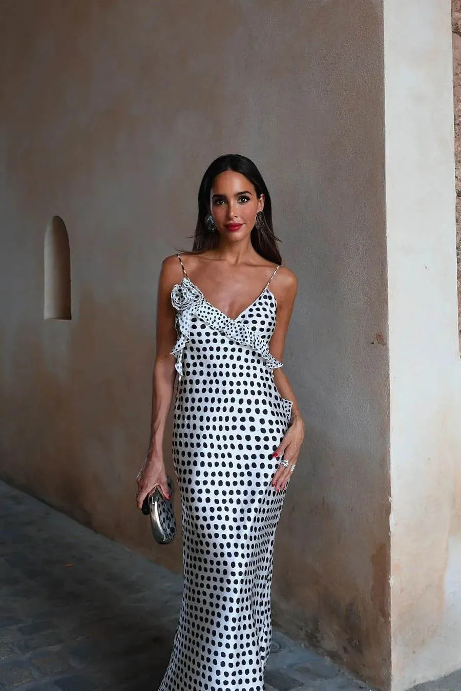 Fantasy Polka Dot Print Guipure Ruffled Suspender Maxi  Dress