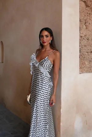 Fantasy Polka Dot Print Guipure Ruffled Suspender Maxi  Dress