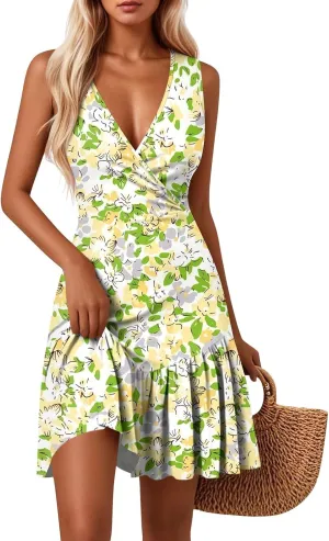 Febecool Women's Summer Sleeveless V Neck Floral Print Dress Casual A Line Ruffled Hem Sundress for Beach Parties
