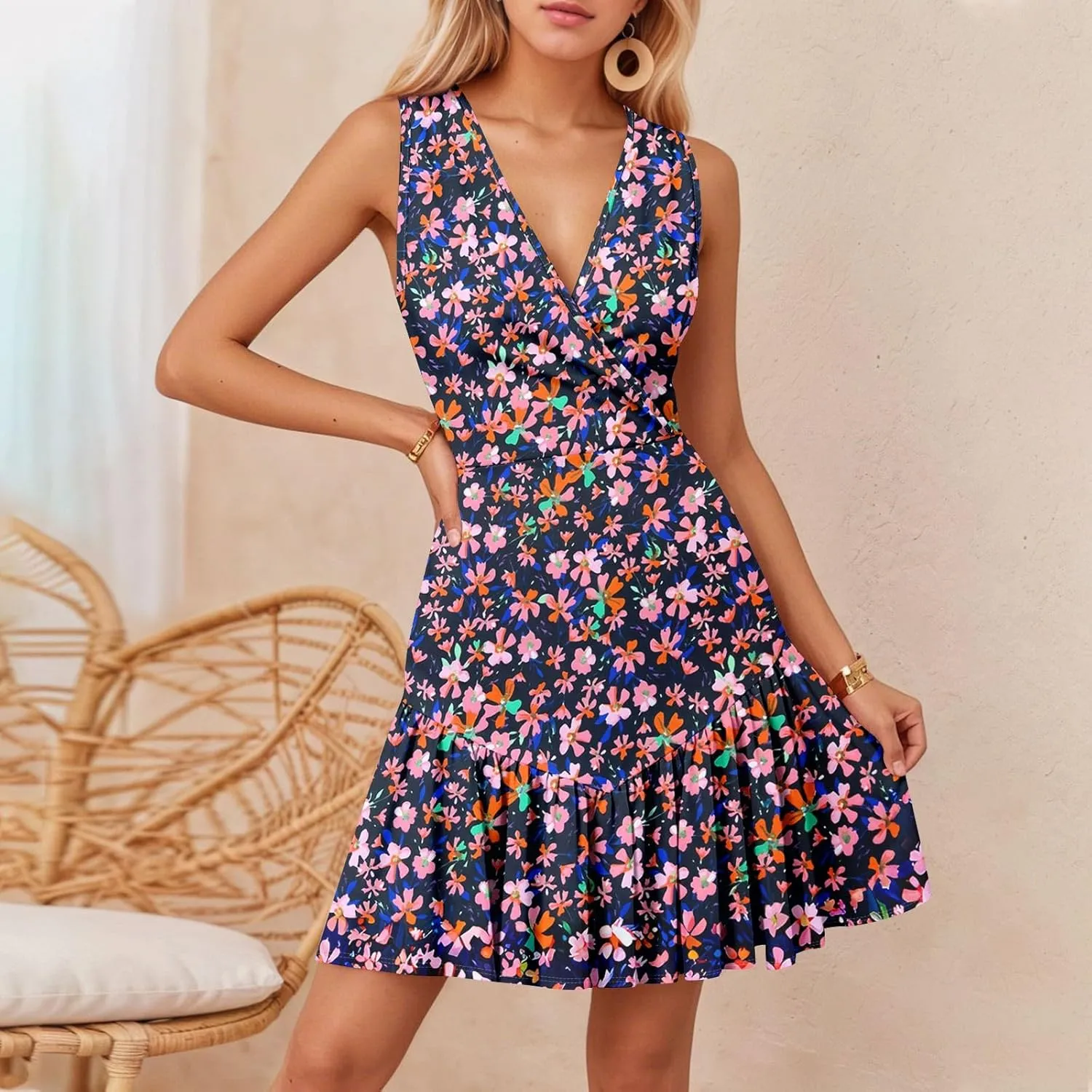 Febecool Women's Summer Sleeveless V Neck Floral Print Dress Casual A Line Ruffled Hem Sundress for Beach Parties