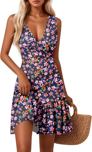 Febecool Women's Summer Sleeveless V Neck Floral Print Dress Casual A Line Ruffled Hem Sundress for Beach Parties