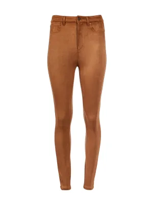 Five Pocket Faux Suede High Rise Skinny Jeans in Black in Warm Caramel
