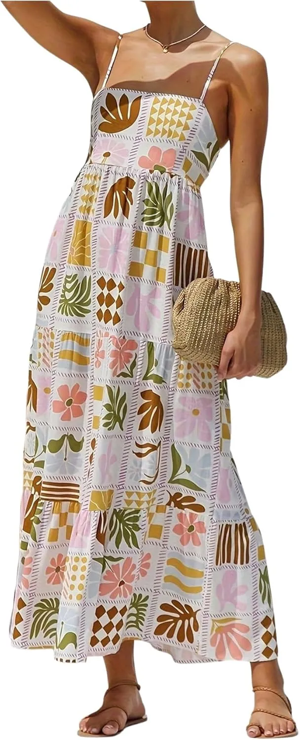 Floerns Women's Summer Boho Spaghetti Strap Maxi Dresses Shirred Beach Dress Flowy Sundress