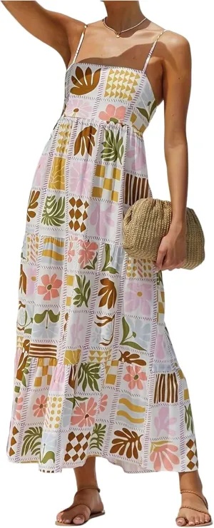 Floerns Women's Summer Boho Spaghetti Strap Maxi Dresses Shirred Beach Dress Flowy Sundress