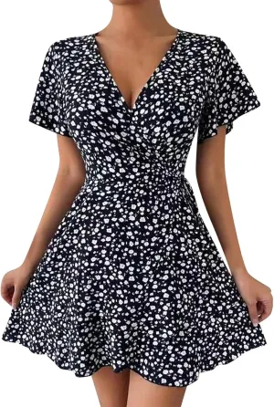 Floral Dress for Women V Neck T Shirt Dress Short Tie Elastic Waist Mini Dress Casual A-Line Ruffle Beach Dresses