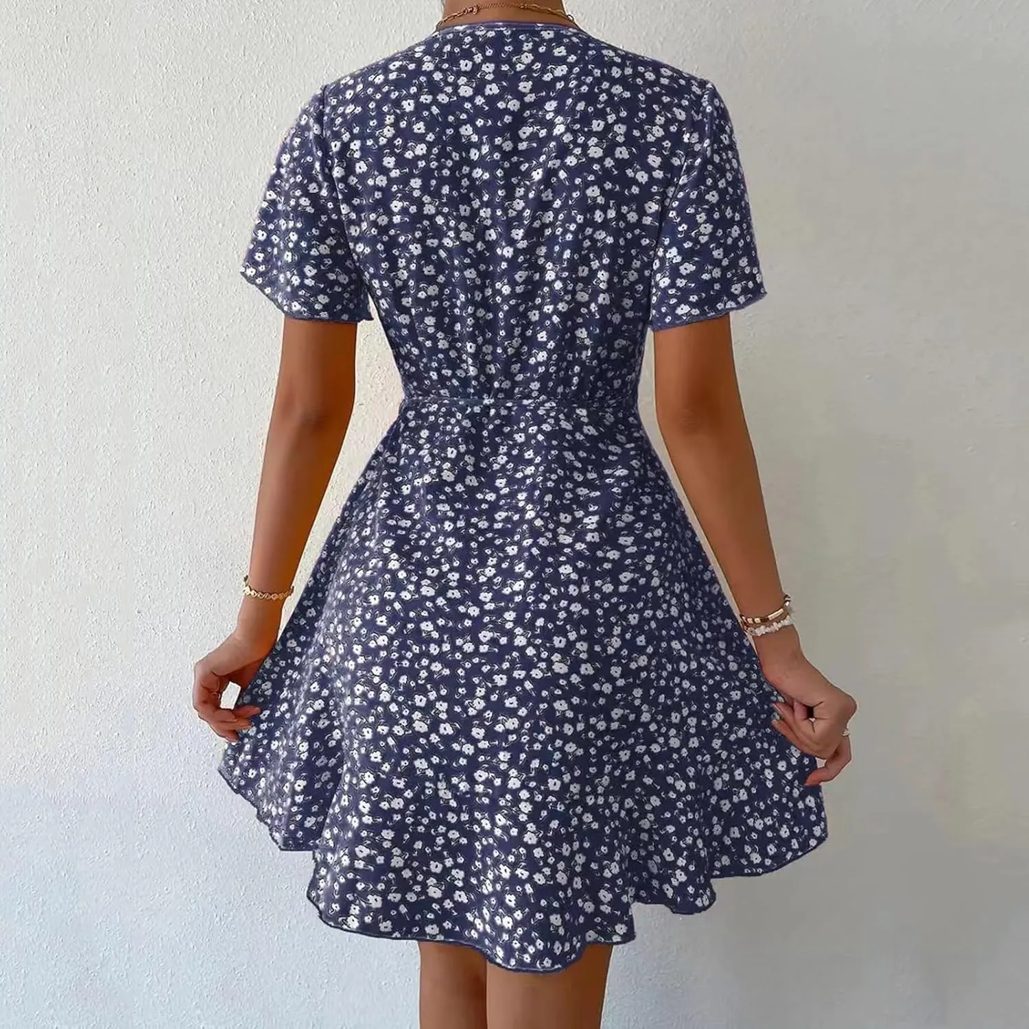 Floral Dress for Women V Neck T Shirt Dress Short Tie Elastic Waist Mini Dress Casual A-Line Ruffle Beach Dresses