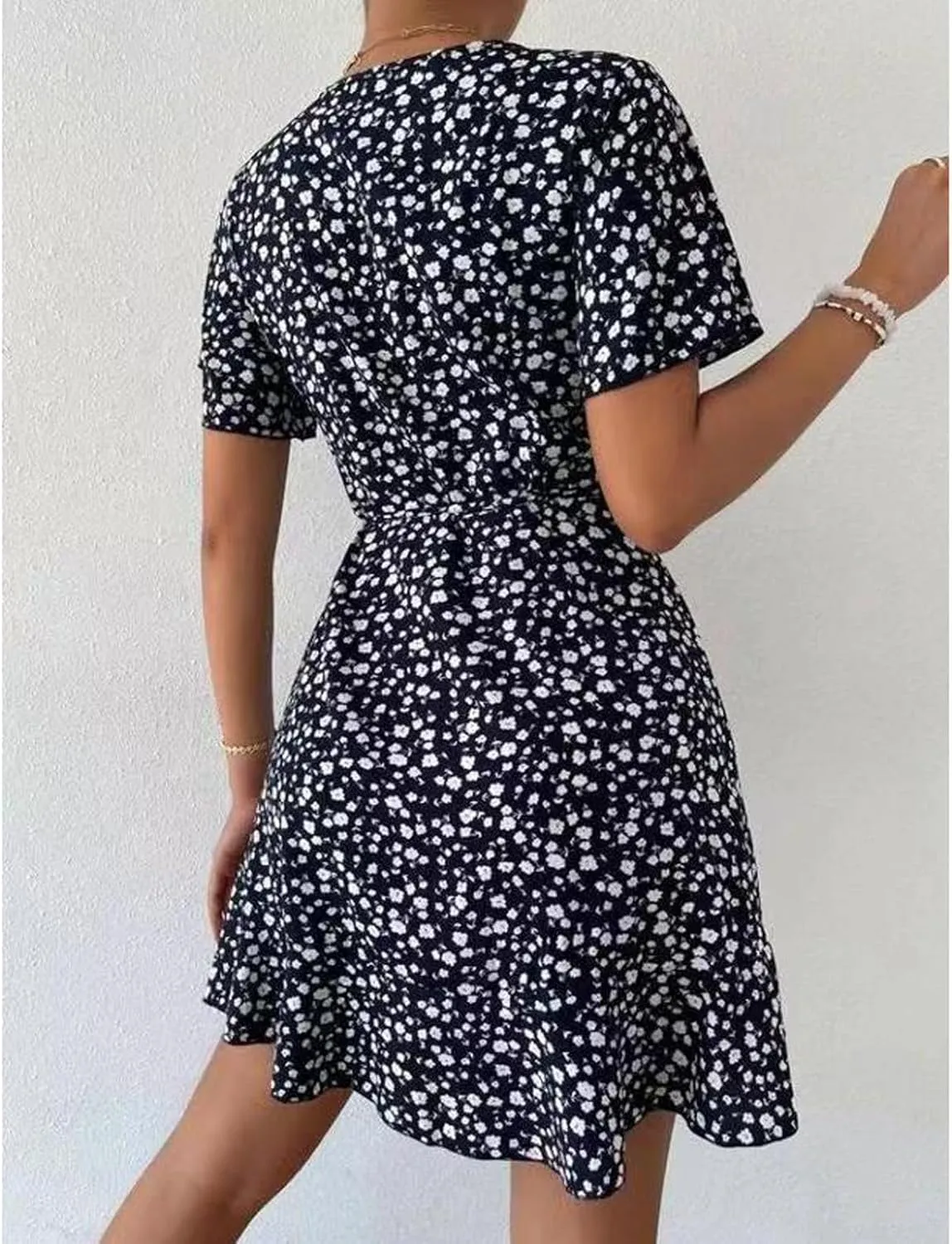 Floral Dress for Women V Neck T Shirt Dress Short Tie Elastic Waist Mini Dress Casual A-Line Ruffle Beach Dresses
