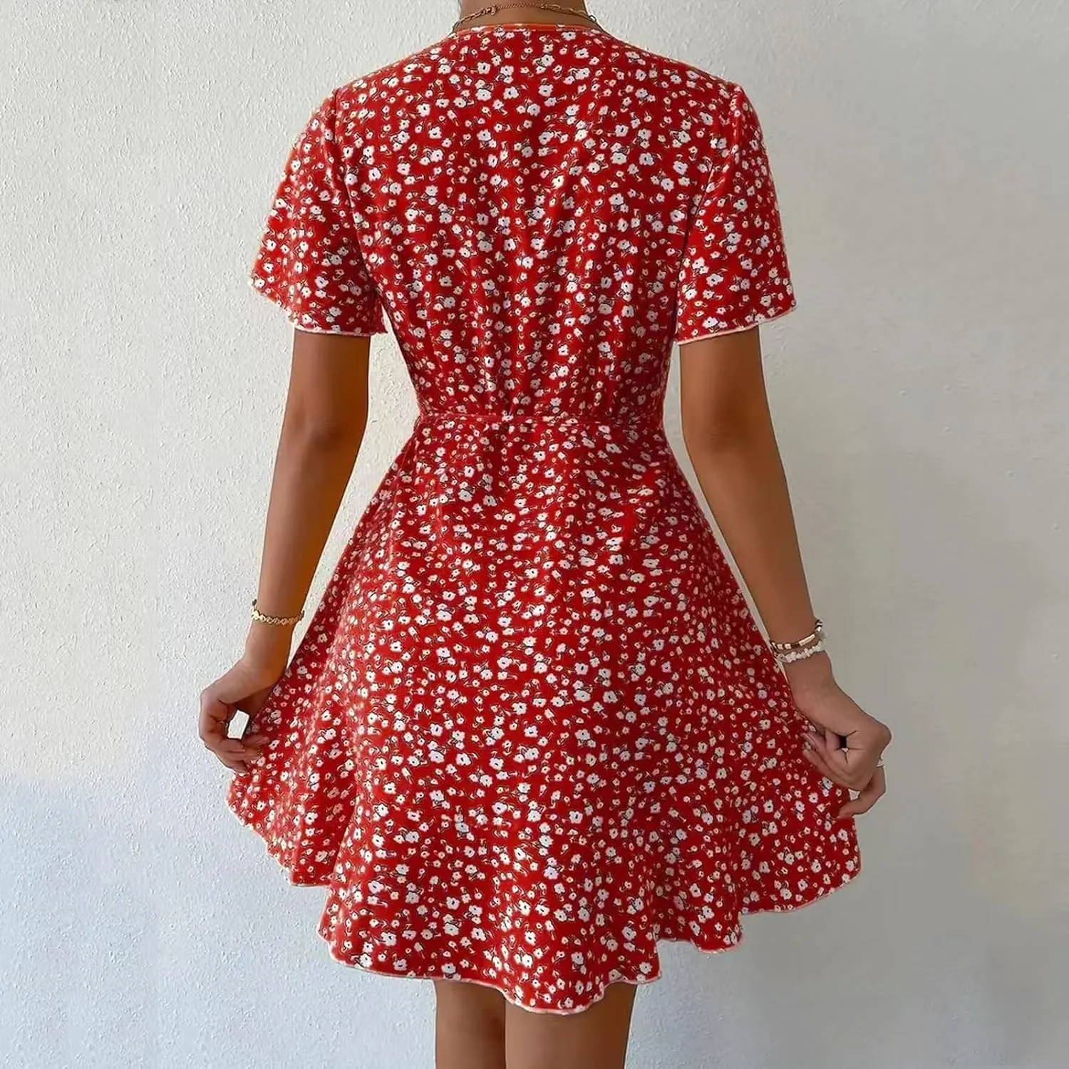 Floral Dress for Women V Neck T Shirt Dress Short Tie Elastic Waist Mini Dress Casual A-Line Ruffle Beach Dresses