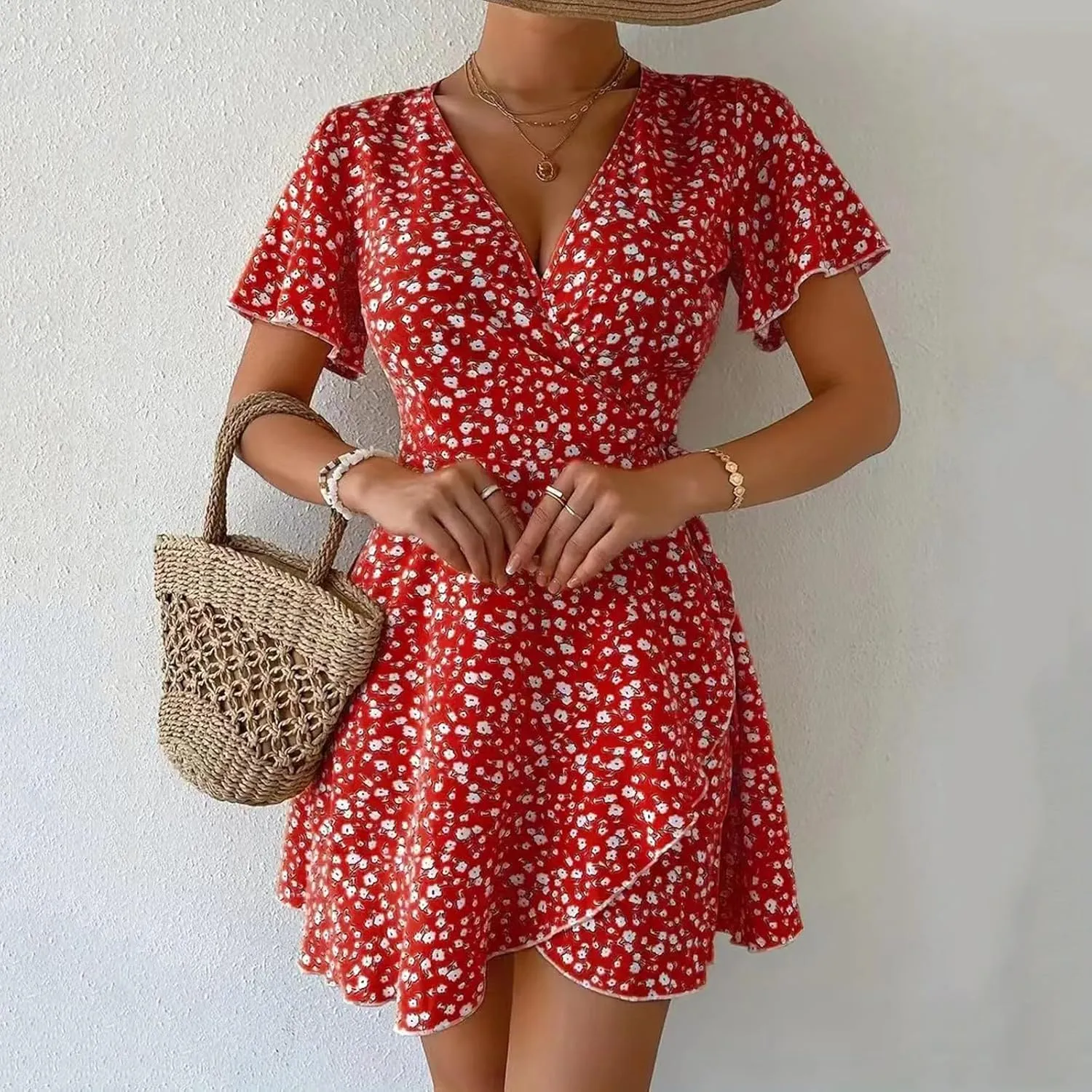 Floral Dress for Women V Neck T Shirt Dress Short Tie Elastic Waist Mini Dress Casual A-Line Ruffle Beach Dresses