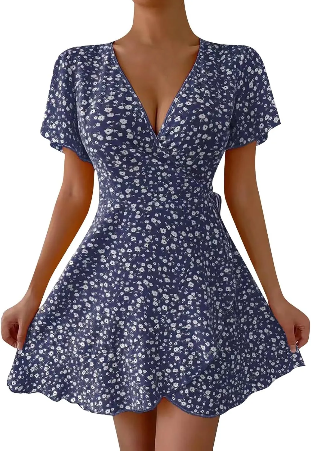 Floral Dress for Women V Neck T Shirt Dress Short Tie Elastic Waist Mini Dress Casual A-Line Ruffle Beach Dresses