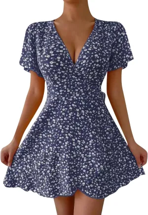 Floral Dress for Women V Neck T Shirt Dress Short Tie Elastic Waist Mini Dress Casual A-Line Ruffle Beach Dresses