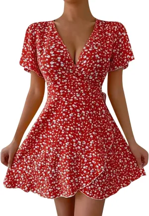 Floral Dress for Women V Neck T Shirt Dress Short Tie Elastic Waist Mini Dress Casual A-Line Ruffle Beach Dresses