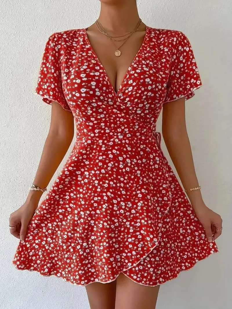 Floral Dress for Women V Neck T Shirt Dress Short Tie Elastic Waist Mini Dress Casual A-Line Ruffle Beach Dresses