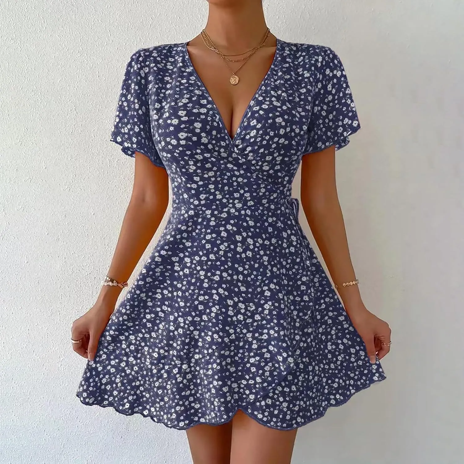Floral Dress for Women V Neck T Shirt Dress Short Tie Elastic Waist Mini Dress Casual A-Line Ruffle Beach Dresses