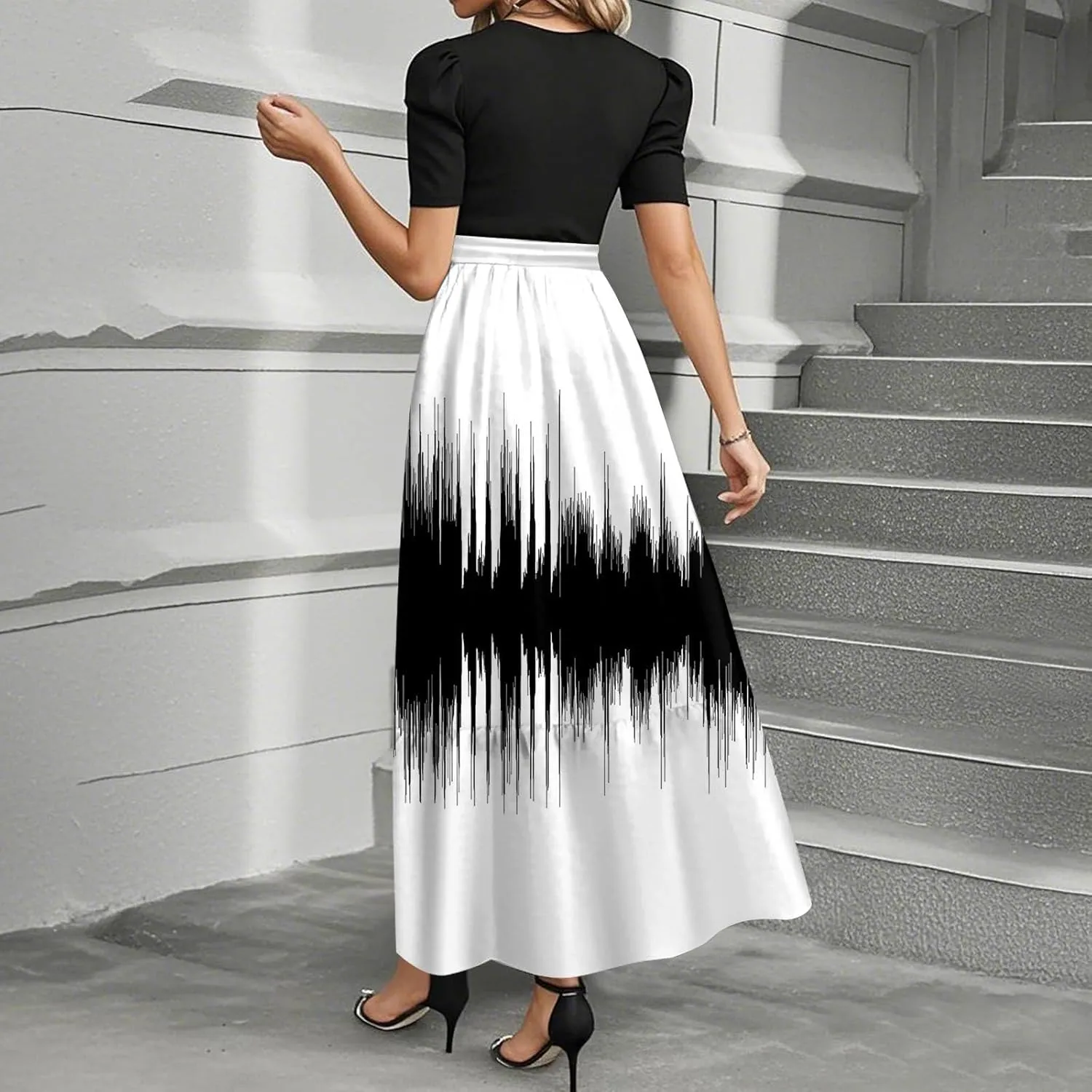 Floral Long Dresses for Women Summer Elegant Tie Patchwork Dress Empire Waist Short Sleeve Modest Flowy Maxi Dress
