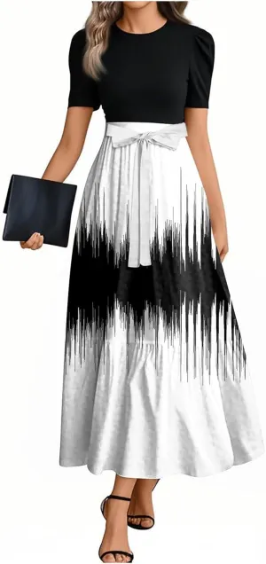 Floral Long Dresses for Women Summer Elegant Tie Patchwork Dress Empire Waist Short Sleeve Modest Flowy Maxi Dress