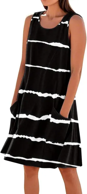 Flowy Summer Dress Sleeveless Round Neck Floral Tank Beach Vacation with Pockets A Line Mini Sundresses, S-3XL