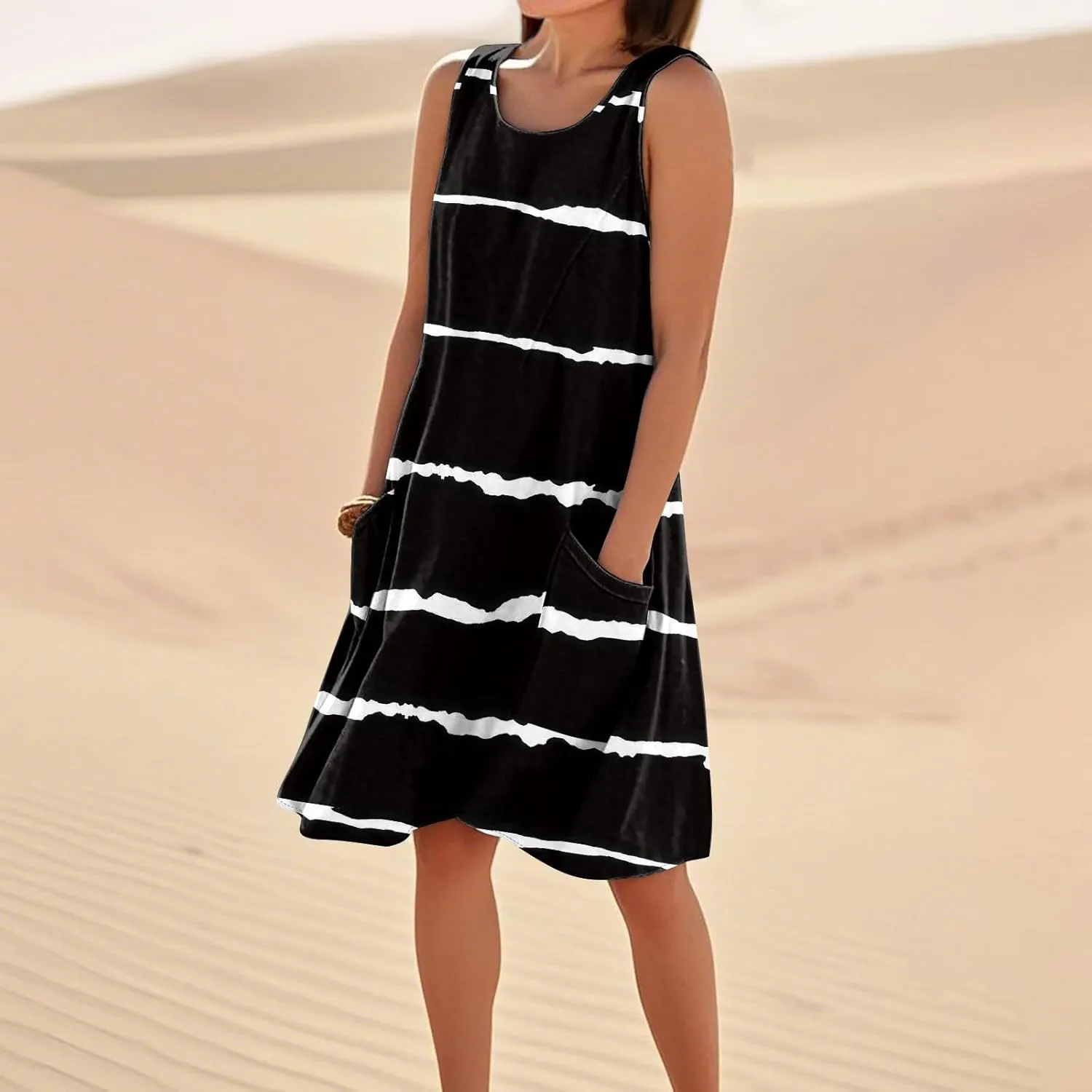 Flowy Summer Dress Sleeveless Round Neck Floral Tank Beach Vacation with Pockets A Line Mini Sundresses, S-3XL