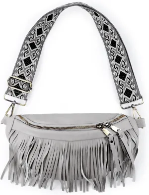 Fringe Fanny Pack, Shell Shape Cross Body Bags, Vintage Western Waist Pack, Anti Theft Zipper Tassel Leather Shoulder Bag, Special Printed Shoulder Strap Metal Accessories, Unique Gift for Women(grey)