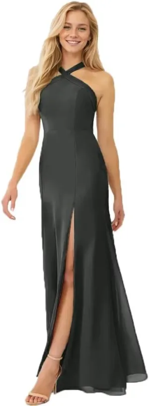 Halterneck Bridesmaid Dresses for Women Floral Print Chiffon A Line Prom Dress with Slit Formal Gown