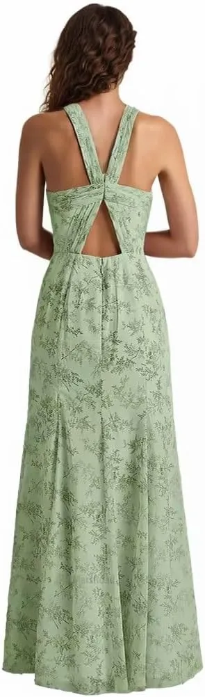 Halterneck Bridesmaid Dresses for Women Floral Print Chiffon A Line Prom Dress with Slit Formal Gown