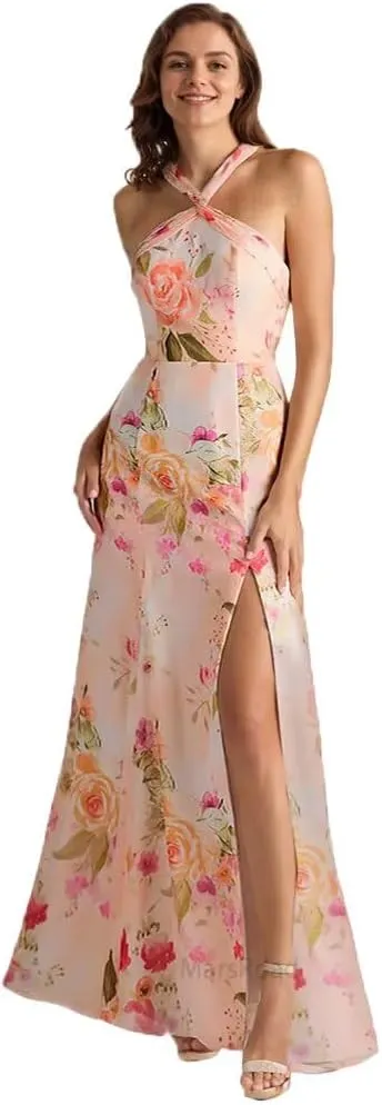 Halterneck Bridesmaid Dresses for Women Floral Print Chiffon A Line Prom Dress with Slit Formal Gown