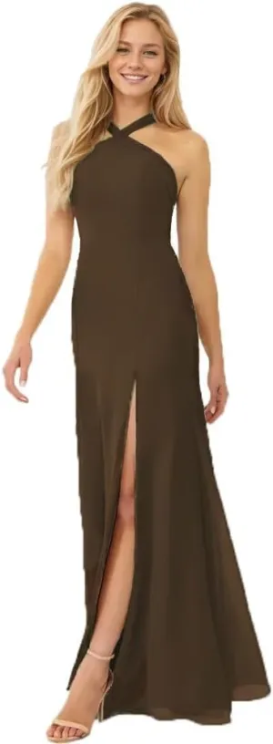 Halterneck Bridesmaid Dresses for Women Floral Print Chiffon A Line Prom Dress with Slit Formal Gown