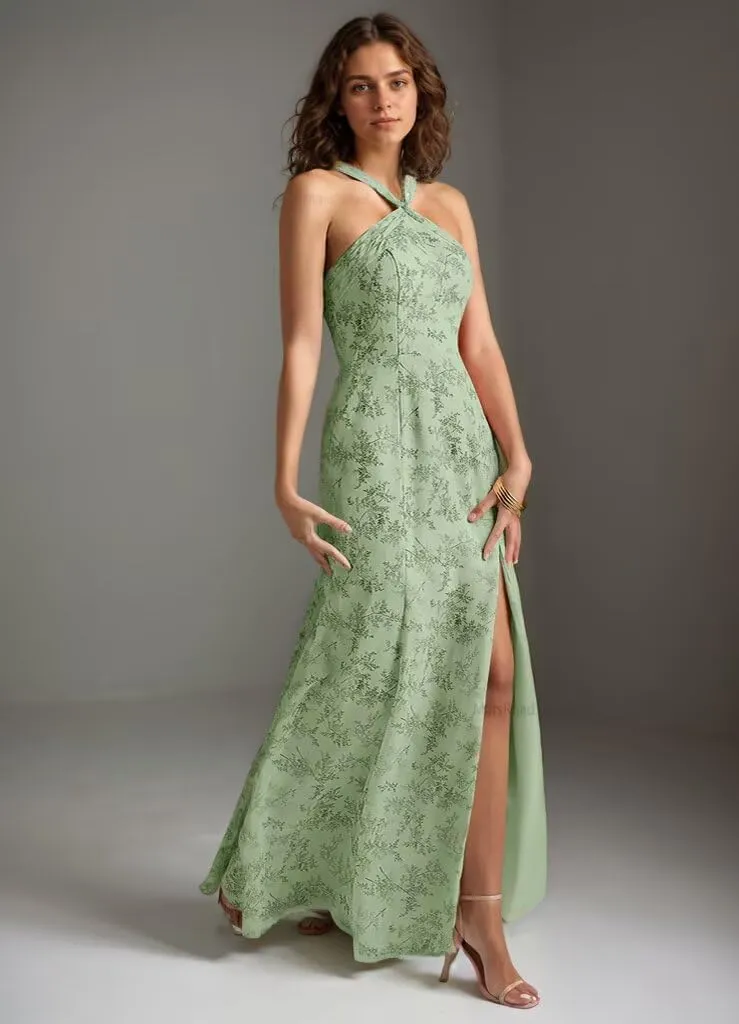 Halterneck Bridesmaid Dresses for Women Floral Print Chiffon A Line Prom Dress with Slit Formal Gown