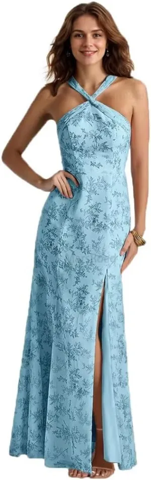 Halterneck Bridesmaid Dresses for Women Floral Print Chiffon A Line Prom Dress with Slit Formal Gown