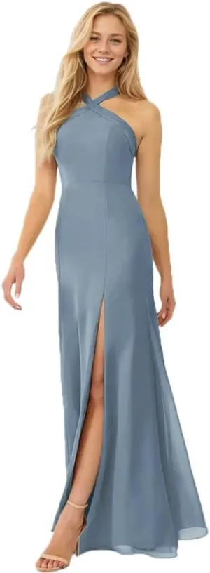 Halterneck Bridesmaid Dresses for Women Floral Print Chiffon A Line Prom Dress with Slit Formal Gown