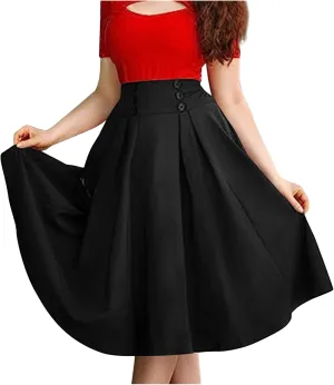 High Waisted Skirt for Women Flowy Pleated Ruched Long Skirt Ladies Casual Button Waisted Swing Midi Skirt with Pocket