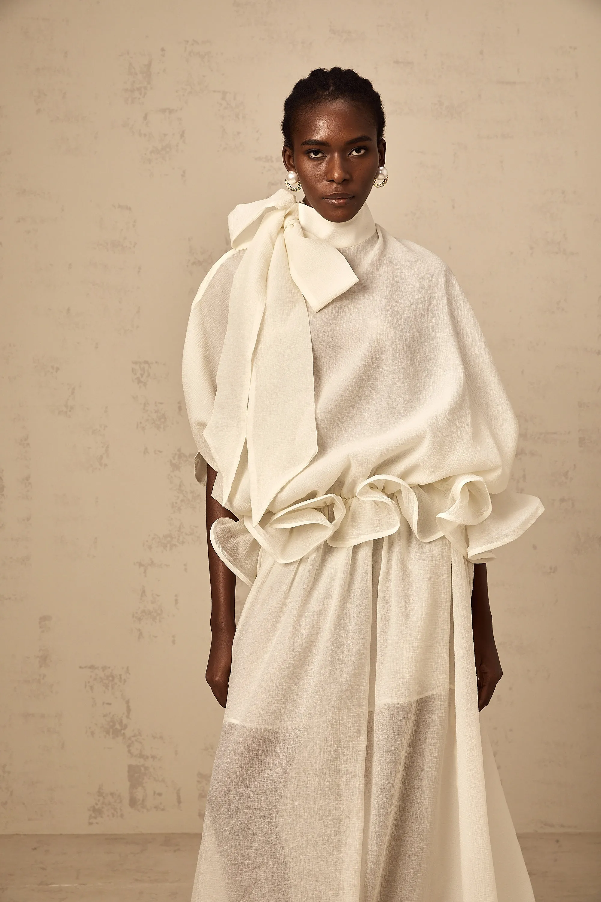 Honorine white tie-neck ruffled maxi dress