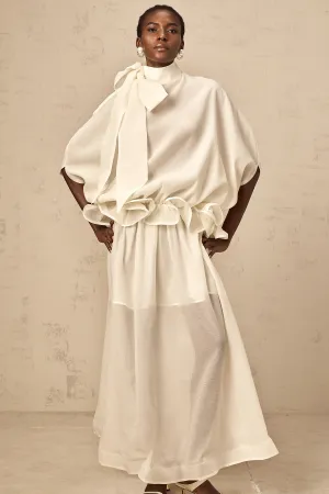 Honorine white tie-neck ruffled maxi dress