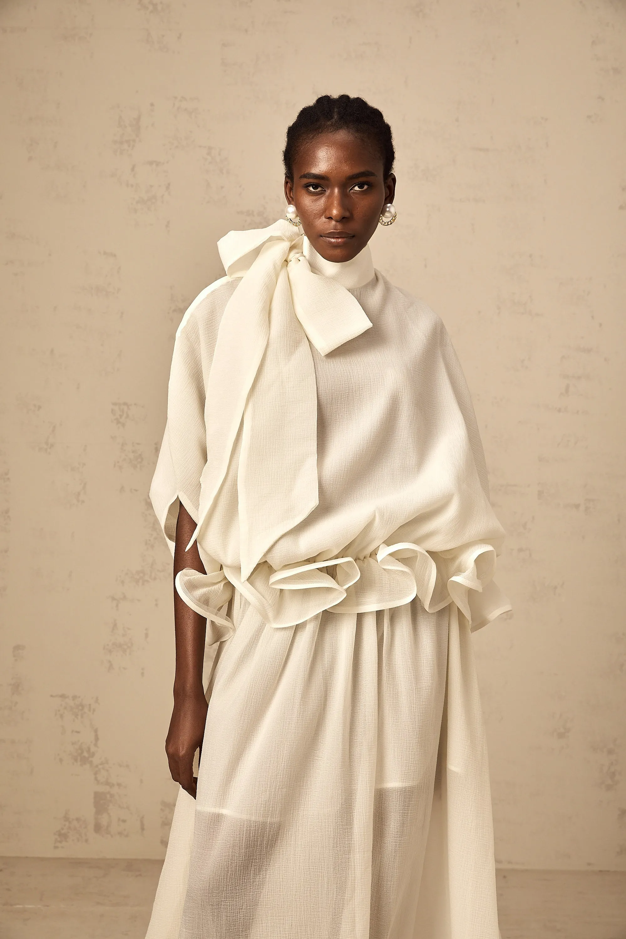 Honorine white tie-neck ruffled maxi dress
