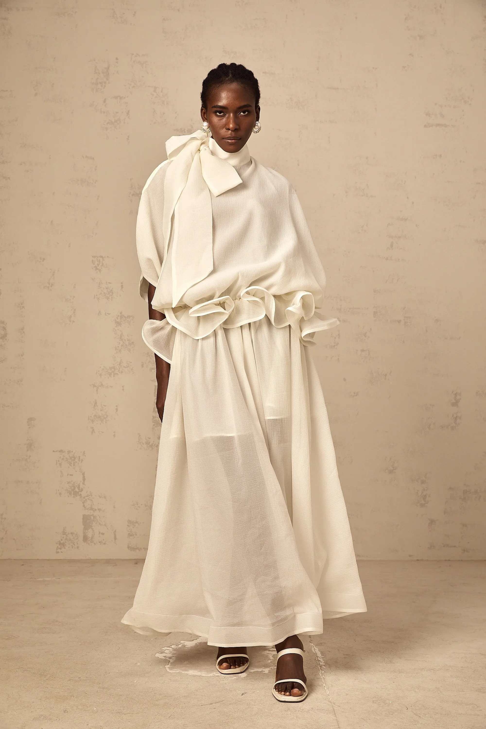 Honorine white tie-neck ruffled maxi dress
