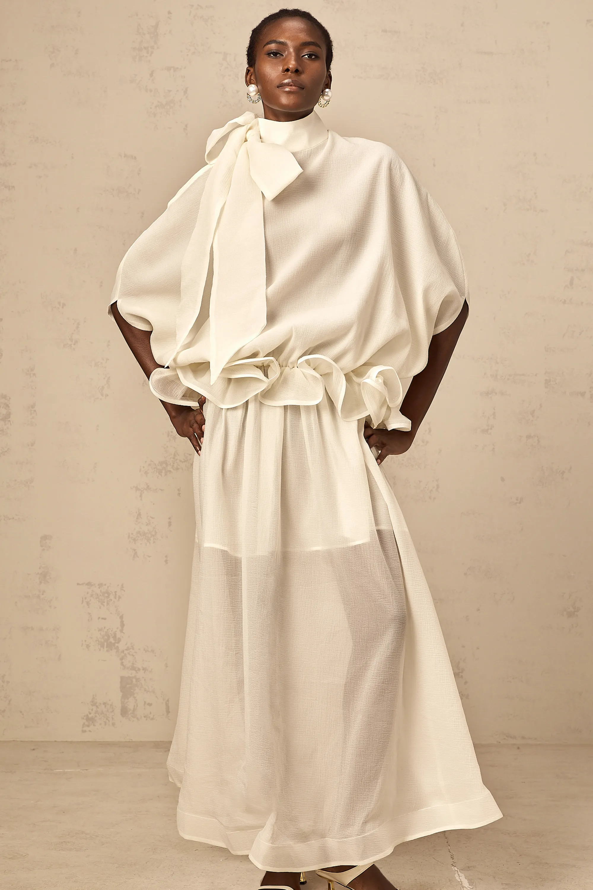Honorine white tie-neck ruffled maxi dress