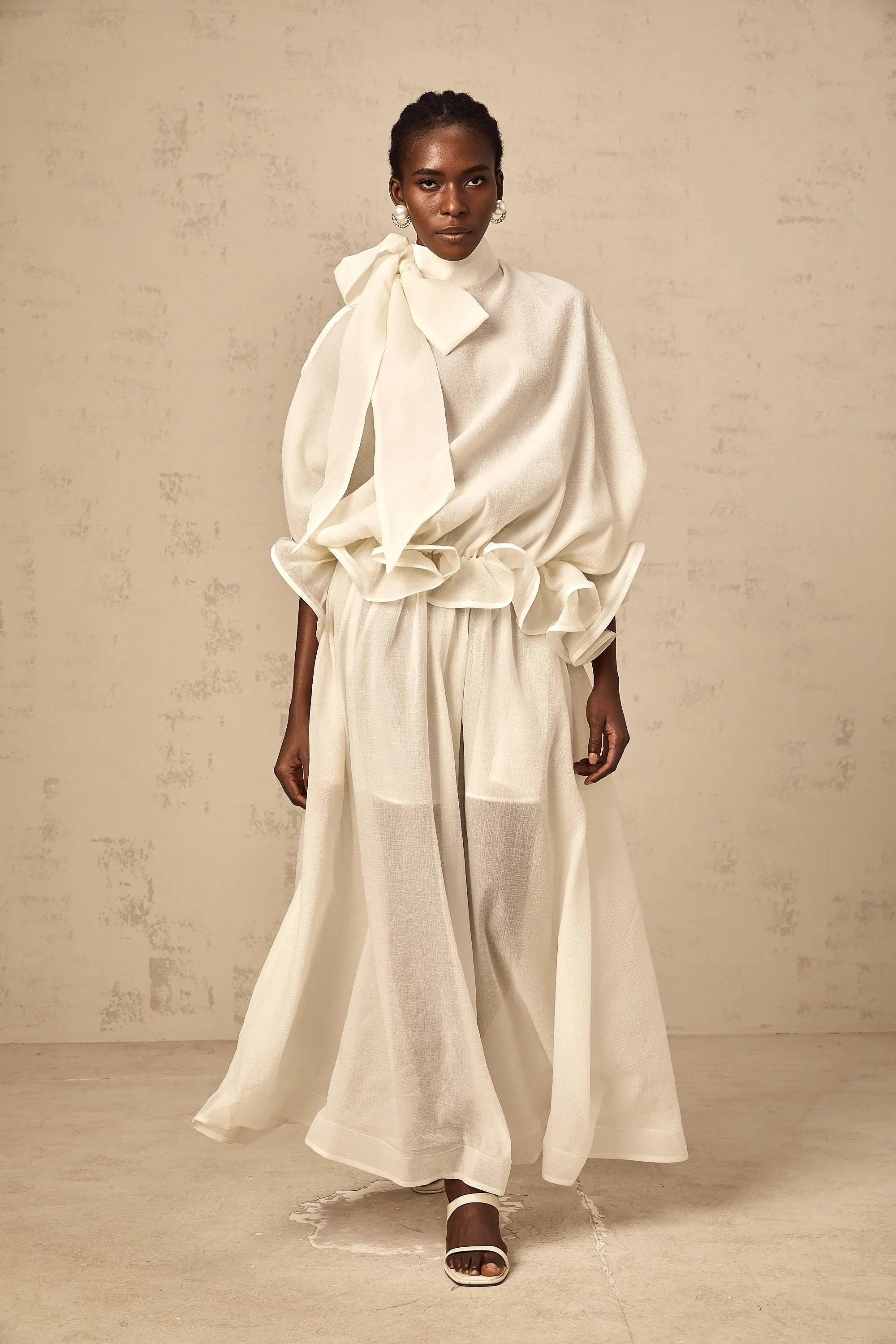 Honorine white tie-neck ruffled maxi dress