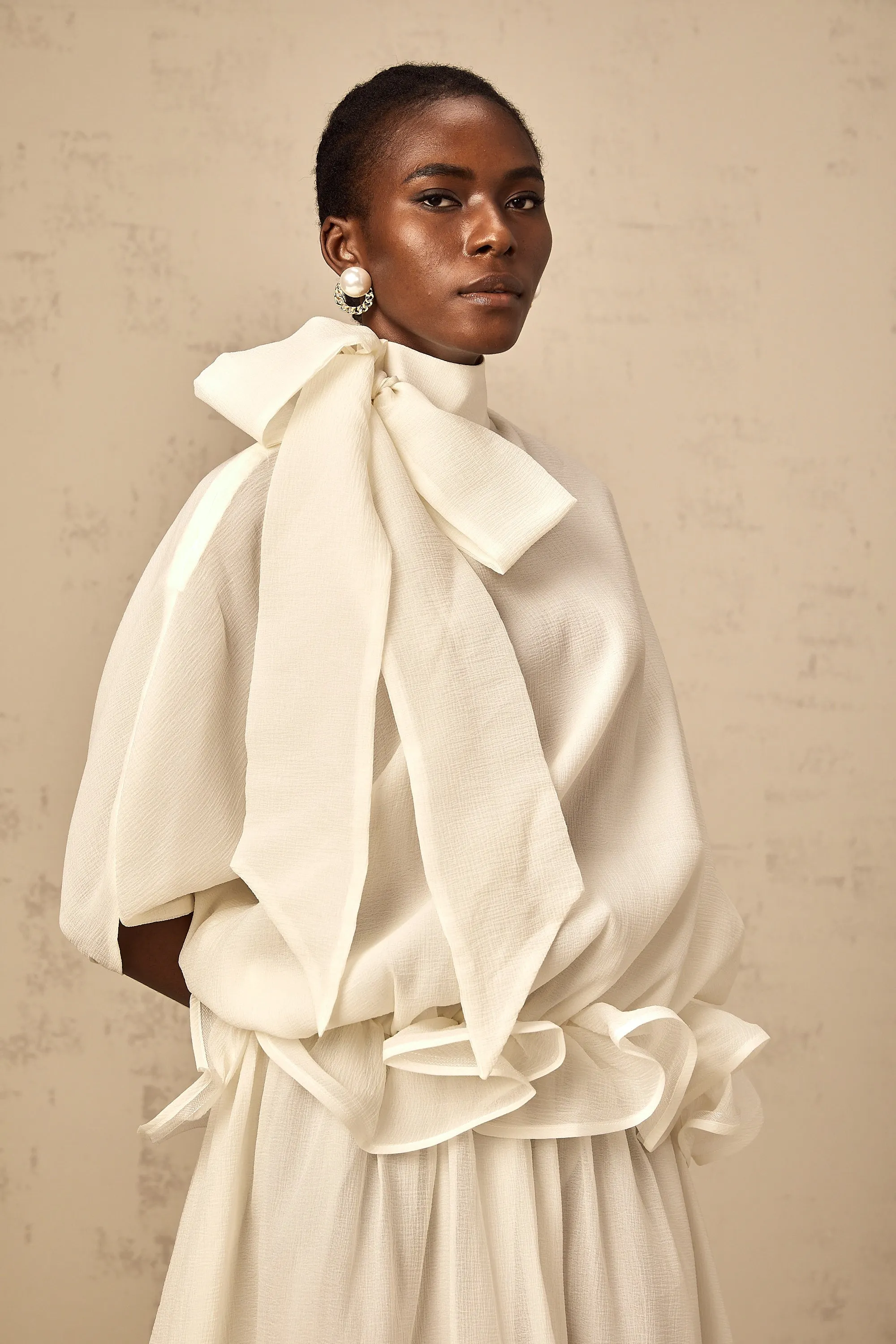 Honorine white tie-neck ruffled maxi dress