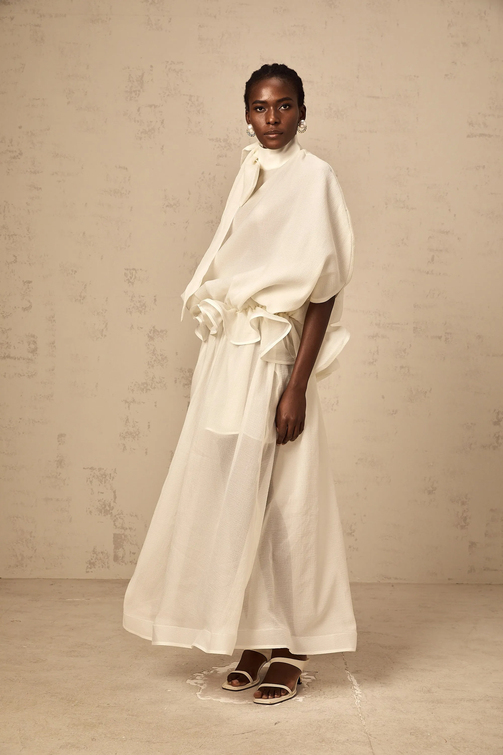 Honorine white tie-neck ruffled maxi dress