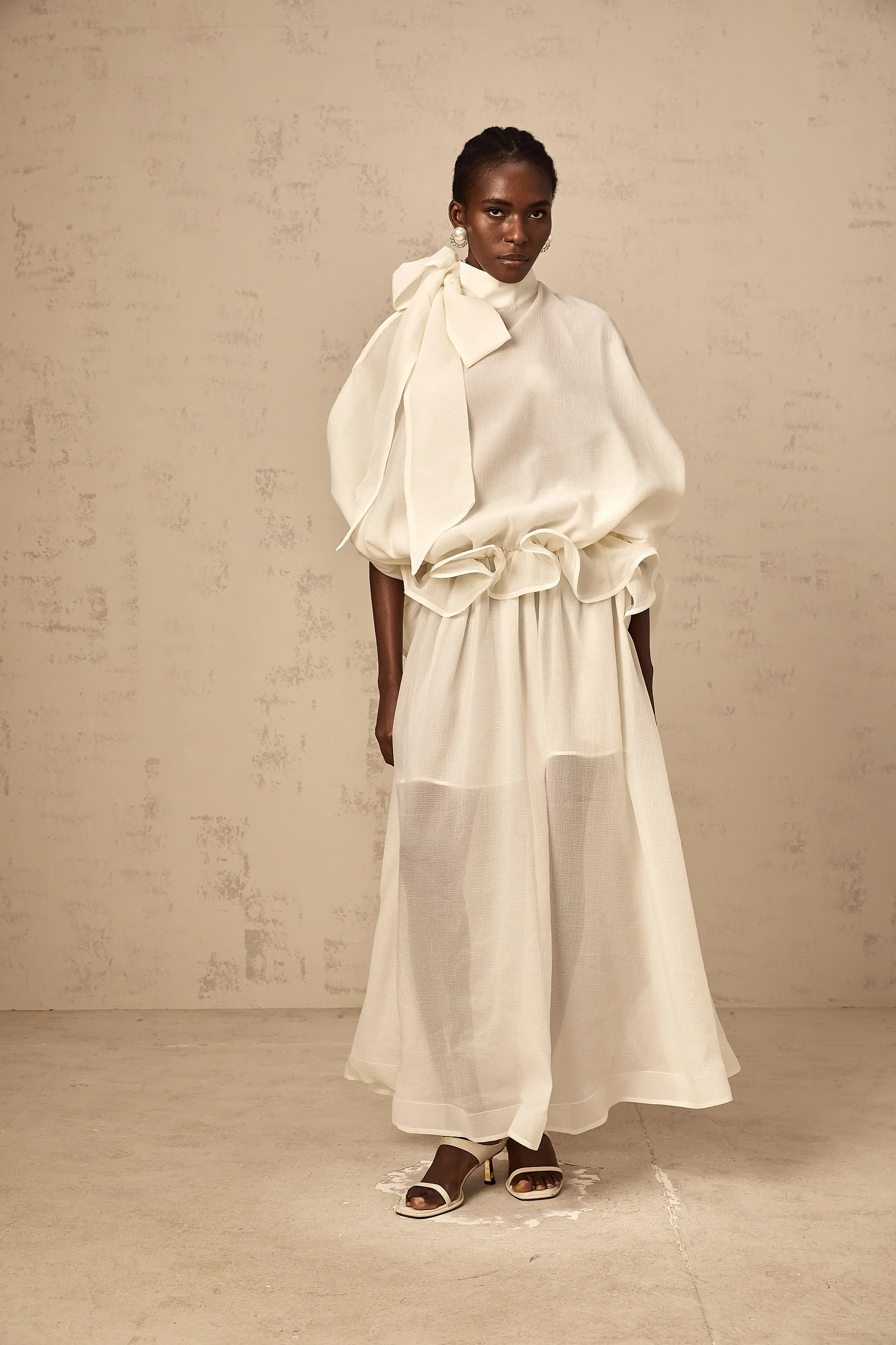 Honorine white tie-neck ruffled maxi dress