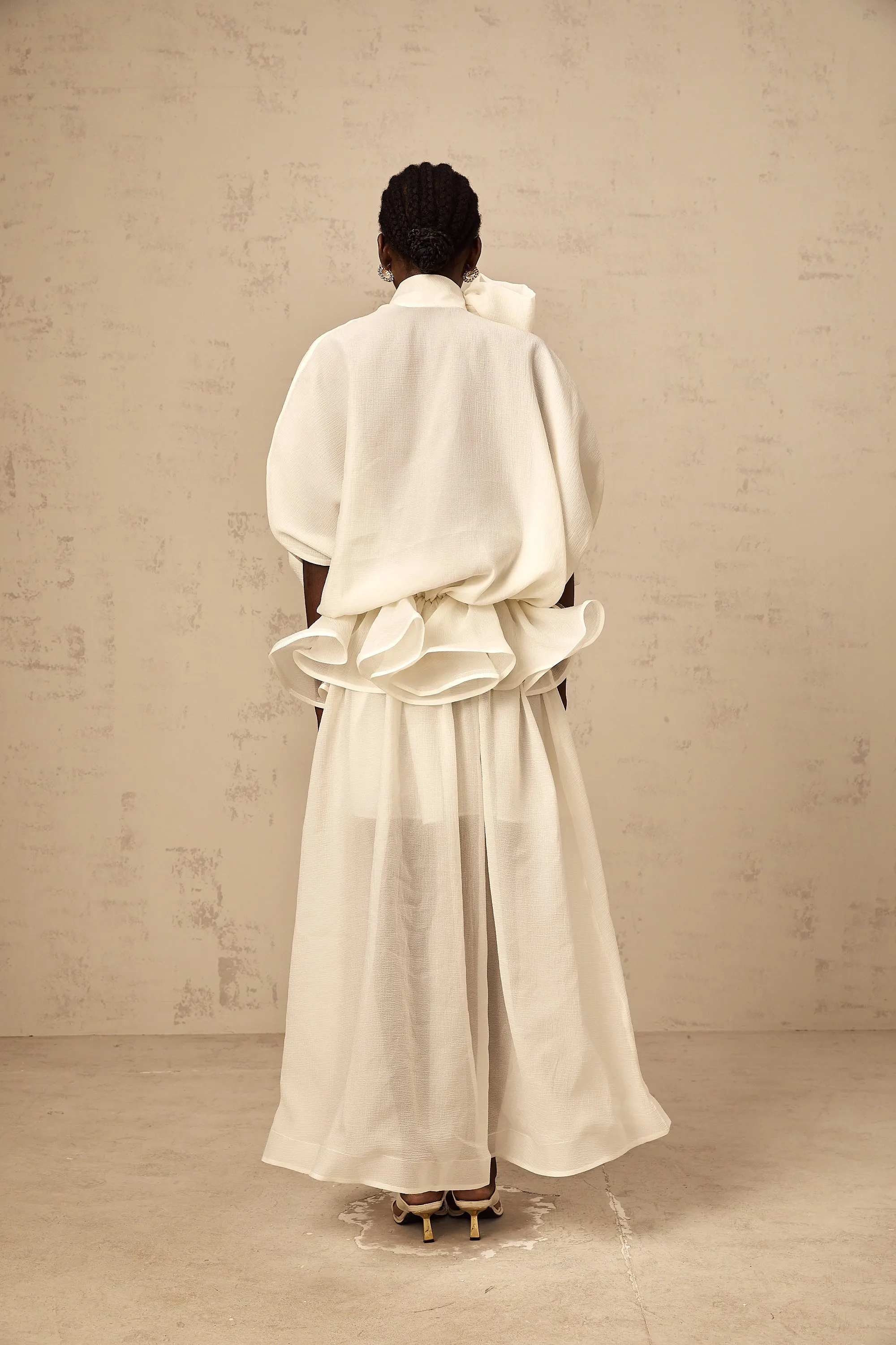 Honorine white tie-neck ruffled maxi dress