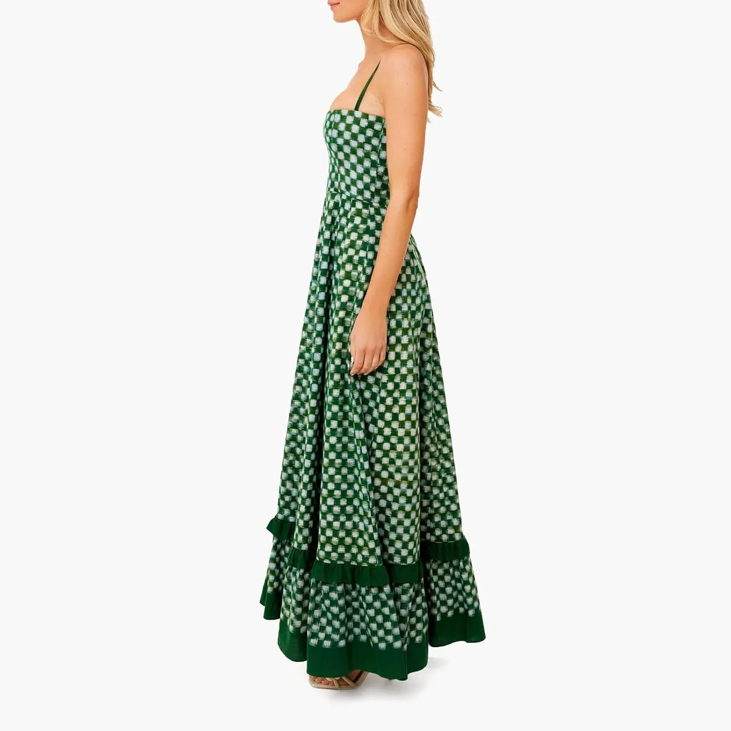 HYxwrjoker Women Summer Spaghetti Strap Maxi Dresses Striped Checkerboard Boho Long Dress Flowy A Line Beach Sundresses