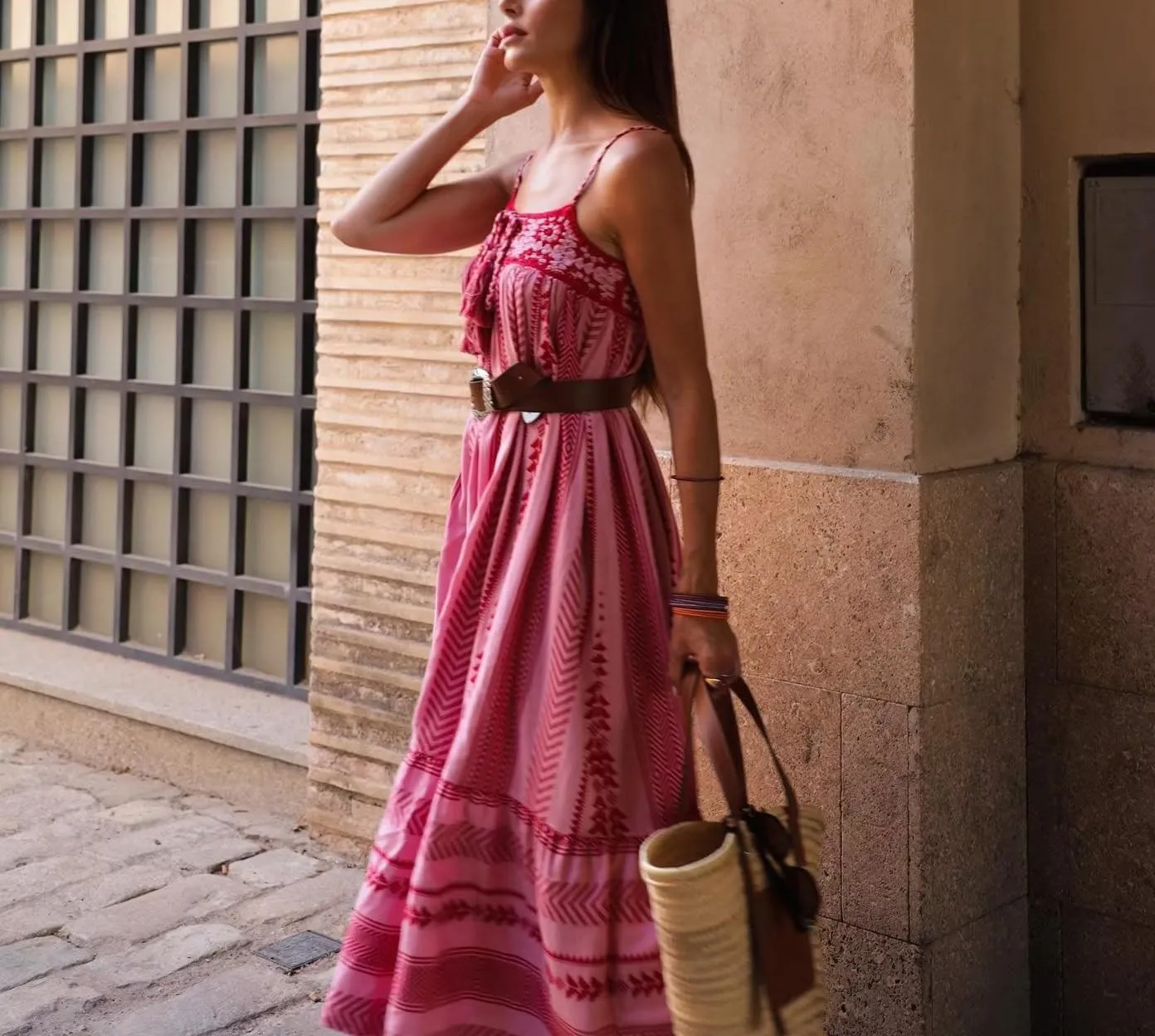HYxwrjoker Women Summer Spaghetti Strap Maxi Dresses Striped Checkerboard Boho Long Dress Flowy A Line Beach Sundresses